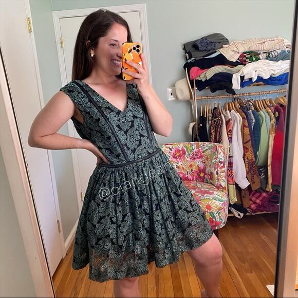 ALEXIS Green Black Floral Tulle Skirt Mini Dress Medium - Picture 7 of 15